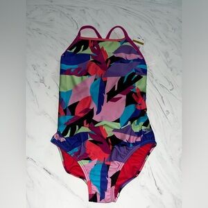 Speedo racing  swim bathing suit 14 one piece new nwt anthracite geometric